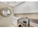 Modern laundry room with white cabinets, sink and front load washer and dryer at 1353 Volturno Way, Henderson, NV 89052