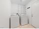 Bright laundry room features a side-by-side washer and dryer with overhead shelving for ample storage space at 2156 Eagle Sticks Dr, Henderson, NV 89012