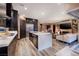 Open concept kitchen with island, stainless steel appliances, and a living area with fireplace at 33 Desert Juniper Ln, Henderson, NV 89011
