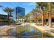 Scenic water feature with clear water, rocks, and palm trees against a modern building backdrop at 3257 River Glorious Ln, Las Vegas, NV 89135