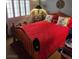 Comfortable bedroom featuring a wooden bed frame and bright red bedding at 5305 Bright Sun Ct, Las Vegas, NV 89130