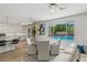 Bright, modern kitchen with stainless appliances, white cabinetry, and a view of the backyard pool at 712 Proud Eagle Ln, Las Vegas, NV 89144