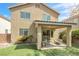 This backyard has a covered patio perfect for outdoor relaxing, with artificial grass and mature landscaping at 9465 Perennial View Ave, Las Vegas, NV 89148