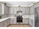 Spacious kitchen with gray cabinets, stainless steel appliances, ample counter space, and stylish tile backsplash at 9465 Perennial View Ave, Las Vegas, NV 89148