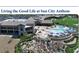 Breathtaking aerial view of Sun City Anthem showcasing its community pool and beautiful landscaping at 2138 Fort Halifax St, Henderson, NV 89052