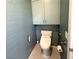 Powder room features blue textured walls, built in storage and modern toilet at 2138 Fort Halifax St, Henderson, NV 89052