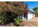 A quaint backyard featuring colorful flowers and a palm tree, complemented by red brick trim, gravel, and a fence at 2600 E Owens Ave, North Las Vegas, NV 89030
