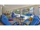 Covered patio with seating and lounge area overlooking the pool with a waterfall feature at 3165 S Monte Cristo Way, Las Vegas, NV 89117