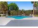 Beautiful pool area with palm trees, lush green hedges, and lounge chairs at 56 Quail Run Rd, Henderson, NV 89014
