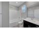 Clean bathroom featuring a shower over bath, dark vanity, and white subway tile at 10142 Skye Saddle Ave, Las Vegas, NV 89166