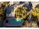Bird's eye view of a well-maintained home featuring a backyard pool, lush lawn, and mature trees at 2617 Mason Ave, Las Vegas, NV 89102