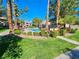Community pool surrounded by lush landscaping and mature trees on a clear day at 5055 W Hacienda Ave # 1161, Las Vegas, NV 89118
