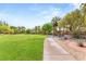 Well-maintained common area with a wide grassy lawn, walking path, and scenic landscaping with mature trees at 517 Spruce Canyon St, Las Vegas, NV 89144