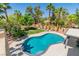 An aerial view of a freeform swimming pool with palm trees and lush landscaping at 7141 Groveton Ct, Las Vegas, NV 89131