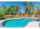 A kidney-shaped pool with a tiled edge surrounded by palm trees and mature landscaping at 7141 Groveton Ct, Las Vegas, NV 89131