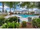 Community pool view featuring lush greenery, ample seating, and serene surroundings at 10213 Treasure Mountain Ct, Las Vegas, NV 89129