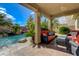 The backyard is a relaxing getaway with a covered patio that offers the best view of the pool and waterfall at 10519 Bella Camrosa Dr, Las Vegas, NV 89141