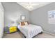 Cozy bedroom with gray walls, ceiling fan, and comfortable-looking queen bed at 1084 Little House Ct, Henderson, NV 89011