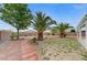 Backyard featuring mature trees, palm trees, and a pathway to the patio at 4910 Cielo Ct, Pahrump, NV 89061