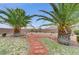 Backyard featuring mature palm trees, desert landscaping, and a brick pathway, perfect for enjoying outdoor living at 4910 Cielo Ct, Pahrump, NV 89061