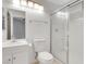 Bathroom featuring a glass shower stall, a modern vanity, and neutral tones at 523 Rancho Del Norte Dr, North Las Vegas, NV 89031