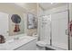 Bright bathroom with a glass-enclosed shower, modern vanity, and fixtures creating a clean, functional, and stylish space at 8058 Big Skye Ranch St, Las Vegas, NV 89166