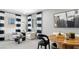 Modern living area with striped curtains, sleek furniture, and an inviting round wood dining table at 84 Via Franello, Henderson, NV 89011