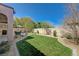 Spacious backyard with lush green lawn, desert landscaping, and outdoor seating area under shade at 12 Kennesaw Rd, Henderson, NV 89052