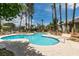 Community pool surrounded by mature trees and ample deck space for lounging at 516 Delfern Ln, Las Vegas, NV 89169