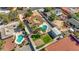Expansive aerial view showcasing the property's layout, including the pool, landscaping, and surrounding neighborhood at 6117 Foxcroft Ave, Las Vegas, NV 89108