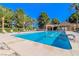 Inviting community pool with lounge chairs surrounded by lush greenery and swaying palm trees at 6925 Emerald Springs Ln, Las Vegas, NV 89113