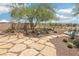Desert-style backyard with stone pavers, cacti, and a charming seating area, perfect for outdoor relaxation at 8316 Imperial Lakes St, Las Vegas, NV 89131