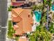 Stunning aerial view of a backyard oasis with a sparkling pool, lush greenery, and outdoor seating area at 2909 Sterling Cove Dr, Las Vegas, NV 89128
