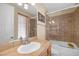 Bathroom with an enclosed bathtub and tiled shower at 32 Cerchio Basso, Henderson, NV 89011