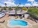 Overhead shot highlights a kidney-shaped pool, patio area, and desert-themed landscaping in a residential backyard at 3845 S Torrey Pines Dr, Las Vegas, NV 89103