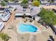 Aerial view of a backyard oasis featuring a kidney-shaped pool, patio area, and desert landscaping at 3845 S Torrey Pines Dr, Las Vegas, NV 89103