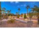 Lush front yard featuring mature palm trees, artistic fountain, and landscape lighting to enhance nighttime curb appeal at 4471 Borrego Springs Way, Las Vegas, NV 89129