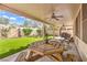 Inviting covered patio overlooking a beautifully landscaped backyard with artificial turf, great for outdoor gatherings at 2561 Pyramid Pines Dr, Henderson, NV 89052
