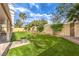 Spacious backyard with lush green artificial turf, mature trees, and a covered patio perfect for outdoor living at 2561 Pyramid Pines Dr, Henderson, NV 89052