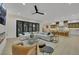 Open living area with a modern fireplace, a large sectional, and access to the kitchen and backyard at 2621 Spalding Dr, Las Vegas, NV 89134