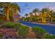 Community entrance with lush landscaping and mature palms creates a welcoming and tropical ambiance at 383 Solitude Peak Ln, Henderson, NV 89012