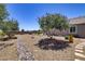 Backyard with desert landscaping, a stone path, and a mature tree at 3906 Jacob Lake Cir, Las Vegas, NV 89118