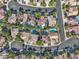 Stunning aerial view of homes nestled on a well-maintained street, each with a private pool for ultimate relaxation at 1717 Double Arch Ct, Las Vegas, NV 89128
