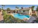 Backyard pool with tanning ledge, steps, and patio, surrounded by mature trees and shrubs at 5181 Morris St, Las Vegas, NV 89122