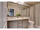 Modern bathroom featuring a double vanity with gray cabinets, white countertops, and decorative backsplash at 1701 Tesara Vista Pl, Las Vegas, NV 89128