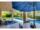 Outdoor patio area offering seating, a blue umbrella, and a view of the refreshing pool at 1701 Tesara Vista Pl, Las Vegas, NV 89128