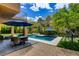 Backyard featuring a modern pool, patio area, lush landscaping, and inviting lounge spaces at 1701 Tesara Vista Pl, Las Vegas, NV 89128