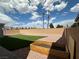 Large backyard with lush artificial grass, rock landscaping, and a planter box at 5404 Scandia Lore Ct, Las Vegas, NV 89130
