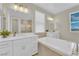 Bathroom featuring a standalone tub, shower, dual sinks, and modern fixtures at 7128 Port Stephens St, North Las Vegas, NV 89084