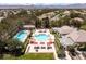 Aerial view of the community pool with lounge chairs, umbrellas, and well-maintained landscaping at 801 Aquitaine Ct, Las Vegas, NV 89145